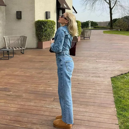 Denim Jumpsuit: Long Sleeve Elegant Women's Jean Overalls