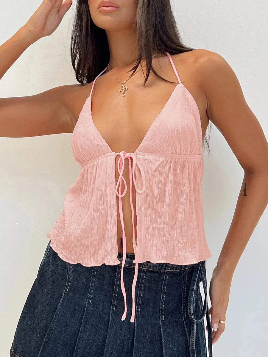 Y2k Tie Up Square Neck Sleeveless Crop Top Lace Trim Milkmaid Shirt Cute Coquette Summer Fashion