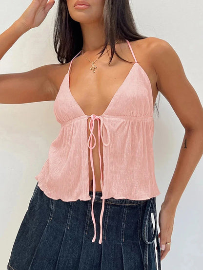 Y2k Tie Up Square Neck Sleeveless Crop Top Lace Trim Milkmaid Shirt Cute Coquette Summer Fashion