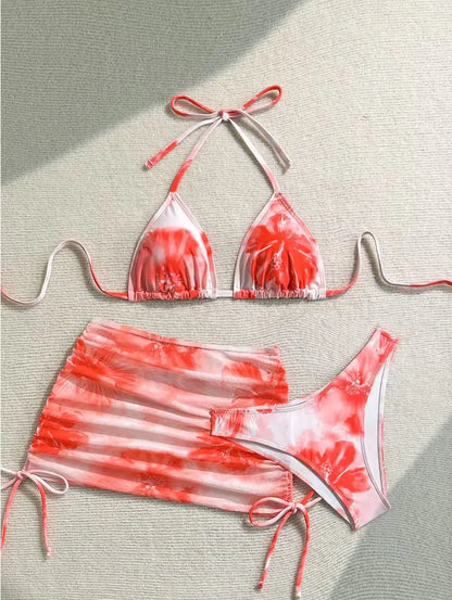 Hibiscus Print Orange and White Bikini with Mesh Skirt Aesthetic