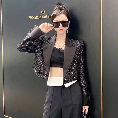 Elegant Sequined Shiny Black Blazer Jacket For Women