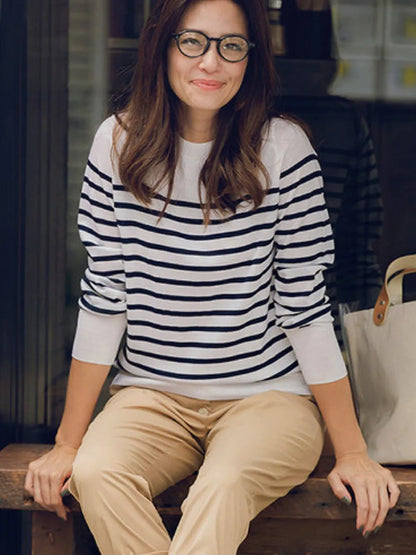 Winter Black And White Stripe Women Loose Sweater