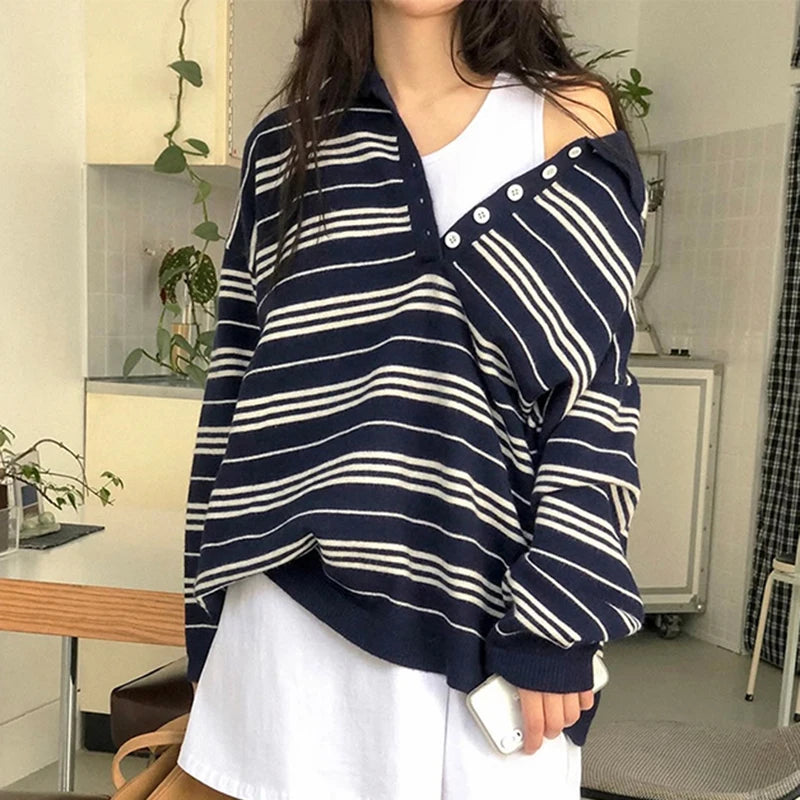 Blue White Striped Oversized Sweater Embroidered Mock Neck Cropped Jumper Harajuku Women S Pullover