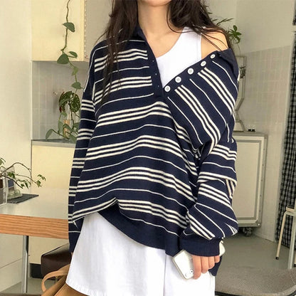Blue White Striped Oversized Sweater Embroidered Mock Neck Cropped Jumper Harajuku Women S Pullover