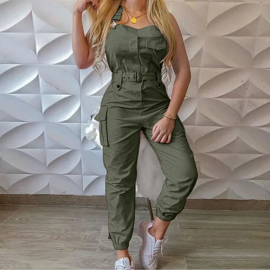 2025 Women S Casual Cargo Jumpsuit Sleeveless O Neck Playsuit With Pocket Belt Loose Pencil Pants