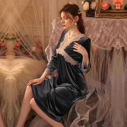 Womens Velvet Pajama Set Elegant Lace Nightgown Long Sleeve Robe For Cozy Winter Nights