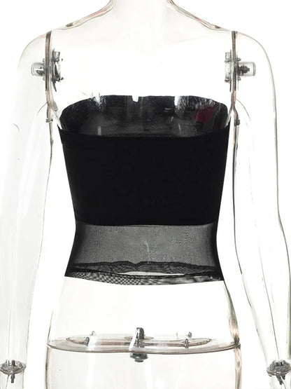 Sleeveless Off Shoulder Black Mesh Crop Top