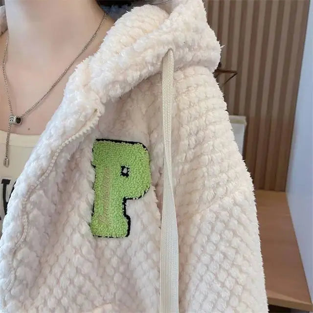 Embroidered Sheep Hooded Sweatshirt Autumn Winter Imitation Lamb Wool Plush Hoodie For Women