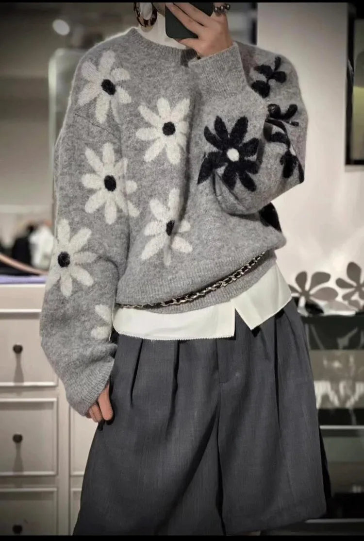 Flower Knitted Half Sleeve O Neck Sweaters