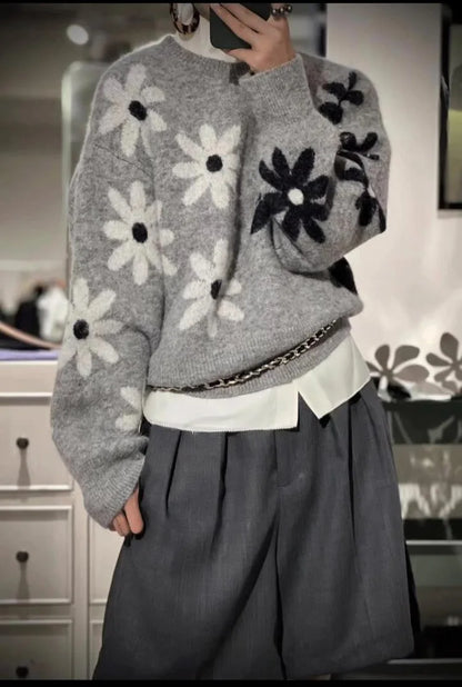 Flower Knitted Half Sleeve O Neck Sweaters