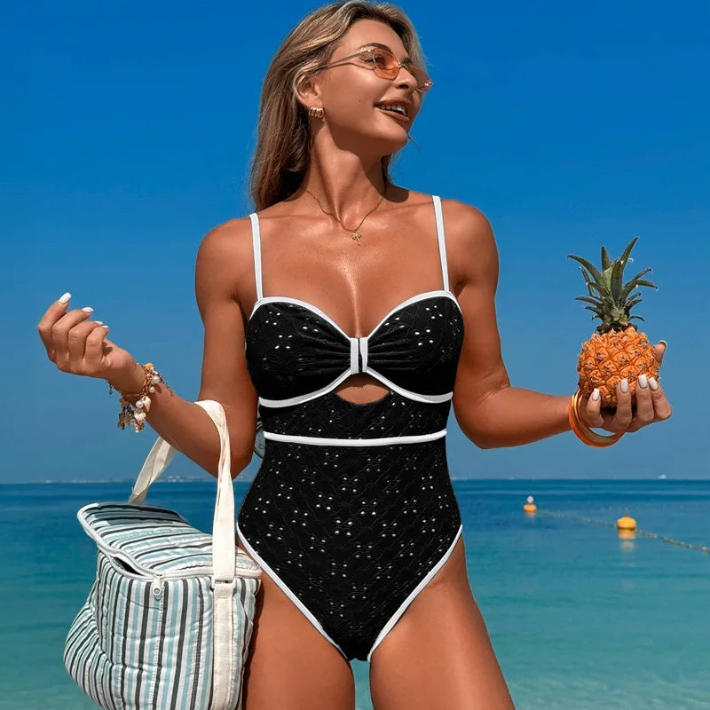 Black Eyelet Lace Cut-Out One Piece Swimsuit Aesthetic