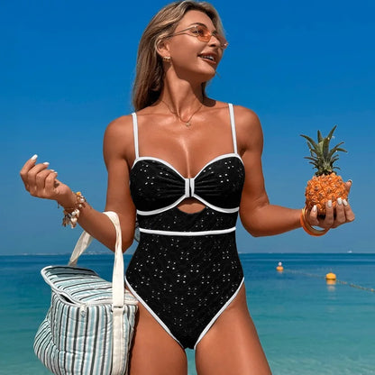 Black Eyelet Lace Cut-Out One Piece Swimsuit Aesthetic