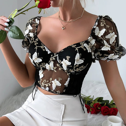 Butterfly Embroidery Puff Sleeve Top: Sexy V-Neck Cropped Blouse for Summer