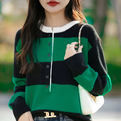 2024 Autumn Winter Womens Striped O Neck Sweater O Neck Long Sleeves Oversized Fit