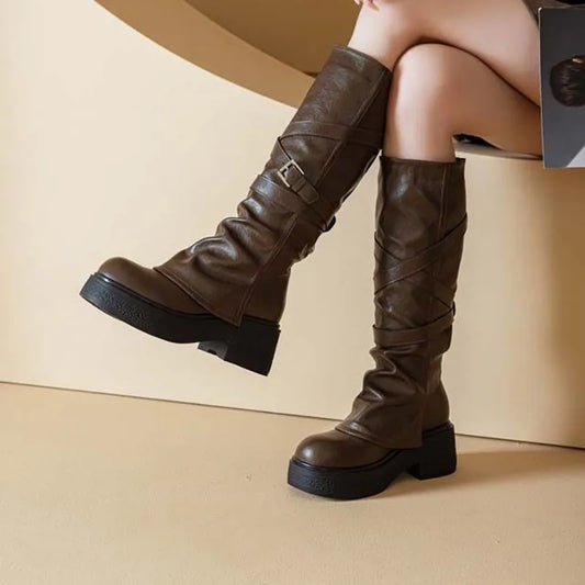 Women’s Knee-High High Heel Riding Boots 2025 – PU Leather Platform Princess Slim Boots