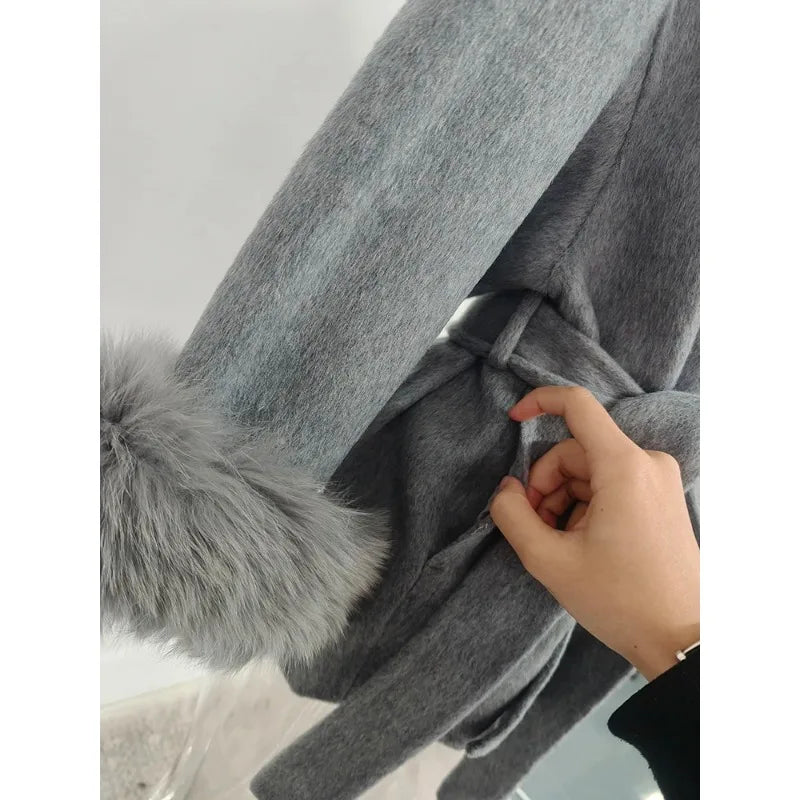 Elegant Wool Blend Coat for Women – Fur Patchwork Long Office Overcoat 2025 Fashion