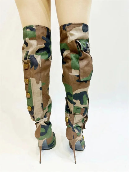 Designer Camouflage Themed Knee Length High Heel Boots