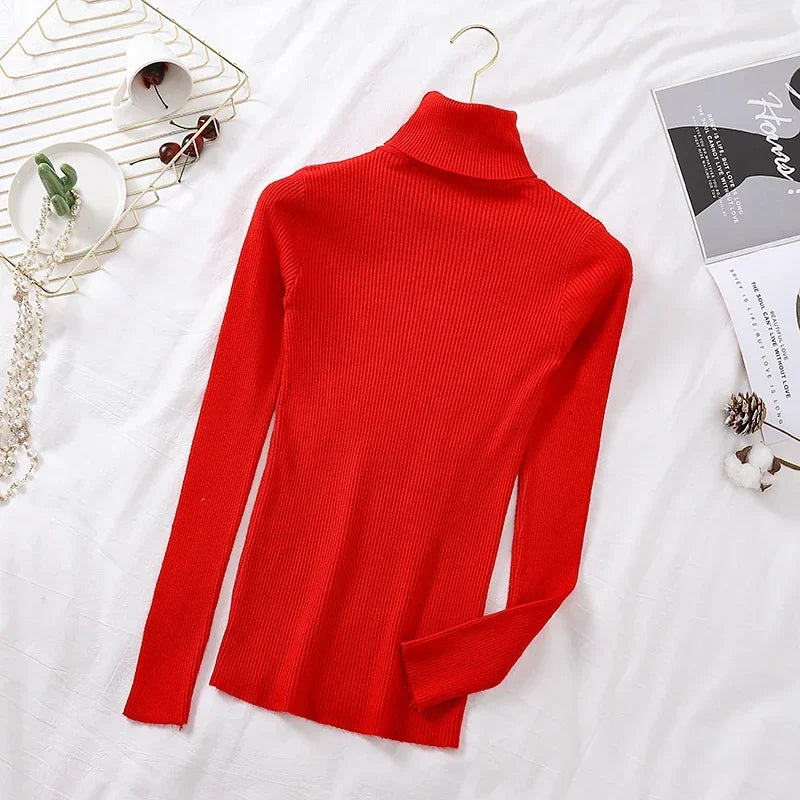 2025 Autumn Winter Women S Thick Ribbed Knitted Turtleneck Sweater Slim Fit Long Sleeve Pullover Soft Warm