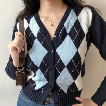Retro Diamond Jacquard Knitted Cardigan V Neck Single Breasted Long Sleeve Short Pullover Sweater For Women