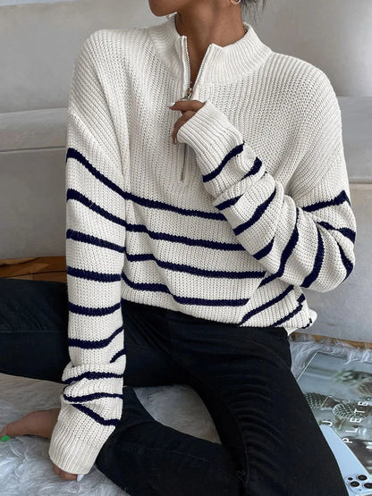 Womens Zipper V Neck Striped Pattern Autumn Winter Sweater