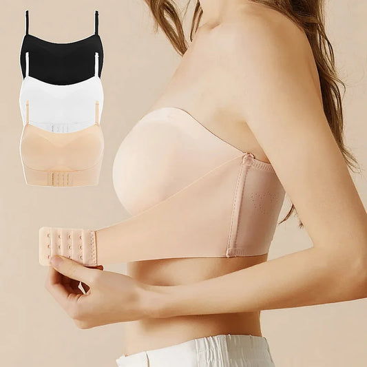 Front Closure Strapless Bra For Women Plus Size Wireless Push Up Invisible Breathable Lingerie