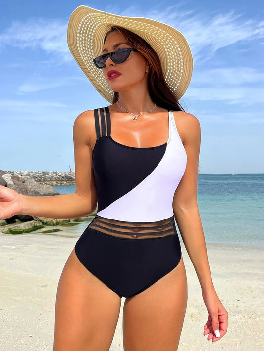 Chic Color Block One Piece Swimsuit with Mesh Details Aesthetic