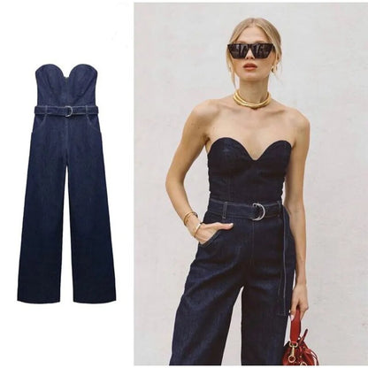 Off-Shoulder Denim Jumpsuit: Sleeveless Backless Summer Fashion with Belt