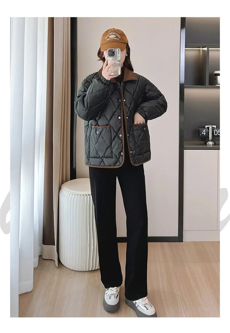 Quilted PU Leather Short Coat – Warm Rhombic Lattice Winter Jacket for Women