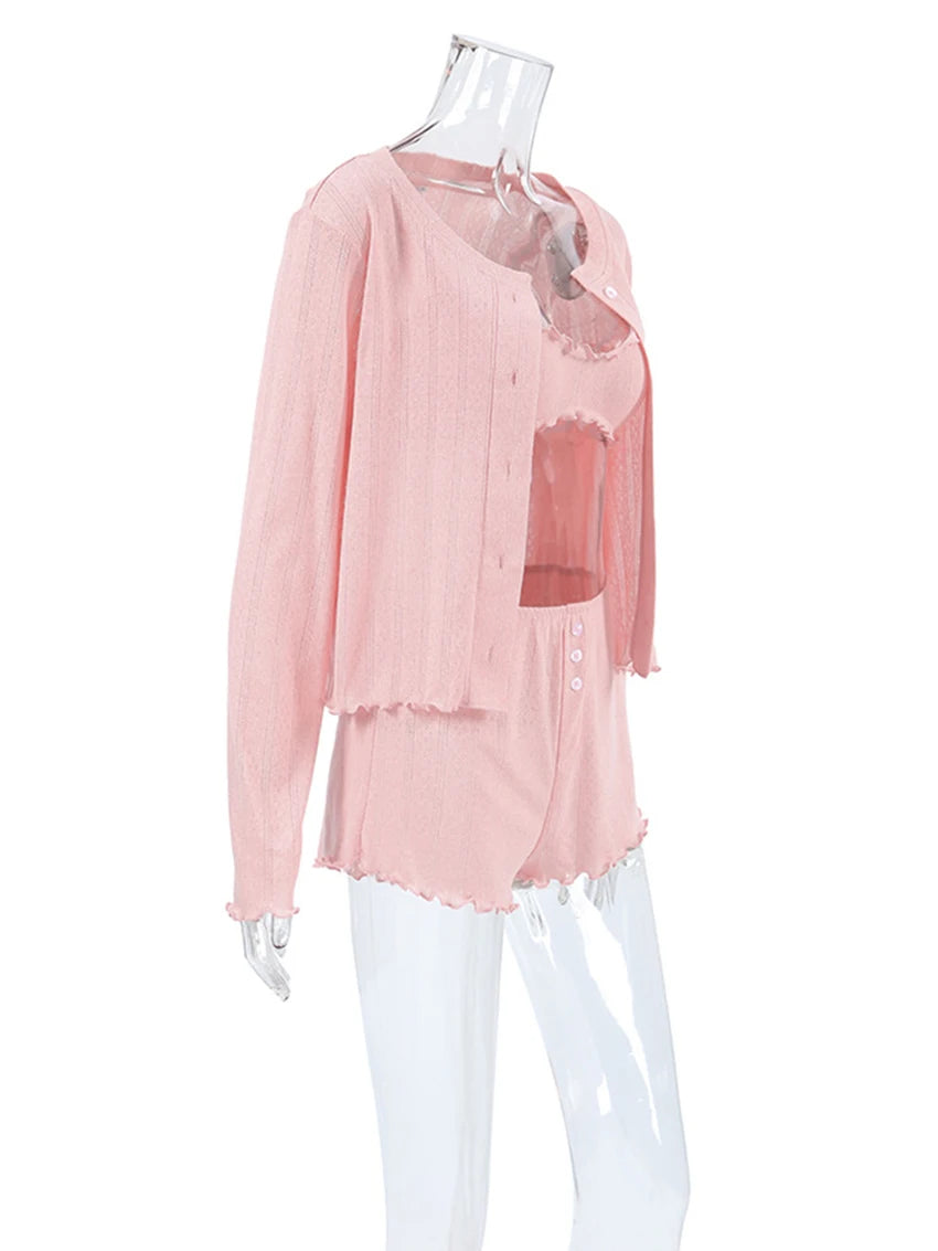 Womens 3 Piece Sleepwear Set O Neck Long Sleeve Nightie Tank Tops Shorts Pajamas For Cozy Nights