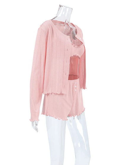 Womens 3 Piece Sleepwear Set O Neck Long Sleeve Nightie Tank Tops Shorts Pajamas For Cozy Nights