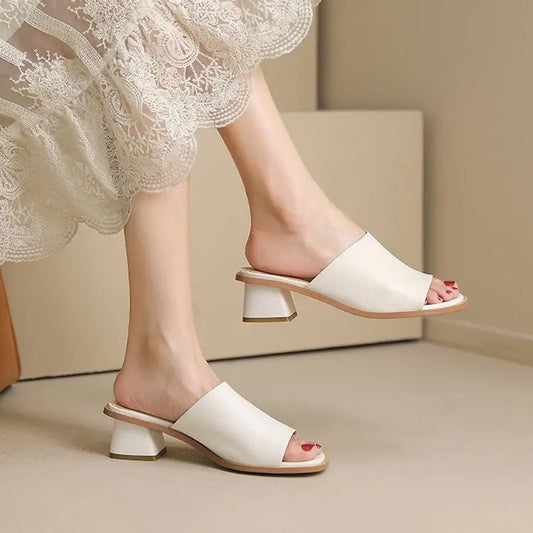 Square Toe Thick Heel Comfortable Slippers For Women