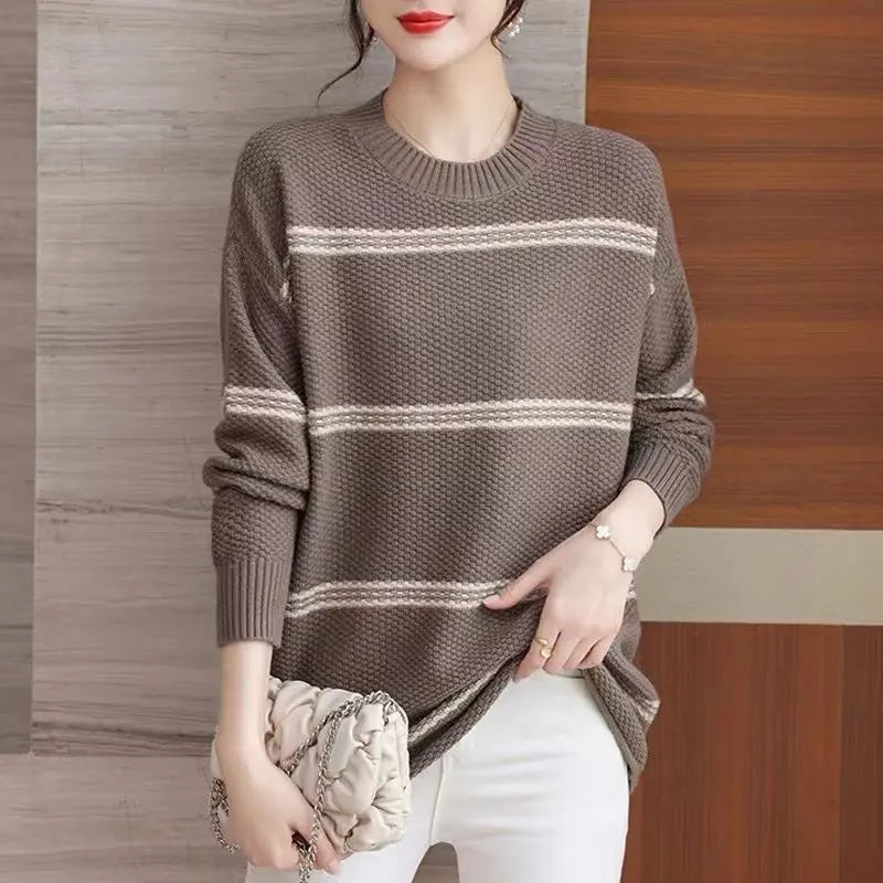 2025 Fashion Striped O Neck Sweater For Women Bell Sleeve Long Sleeve Loose Fit Knit Y2k Preppy Style For Autumn Winter