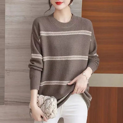 2025 Fashion Striped O Neck Sweater For Women Bell Sleeve Long Sleeve Loose Fit Knit Y2k Preppy Style For Autumn Winter