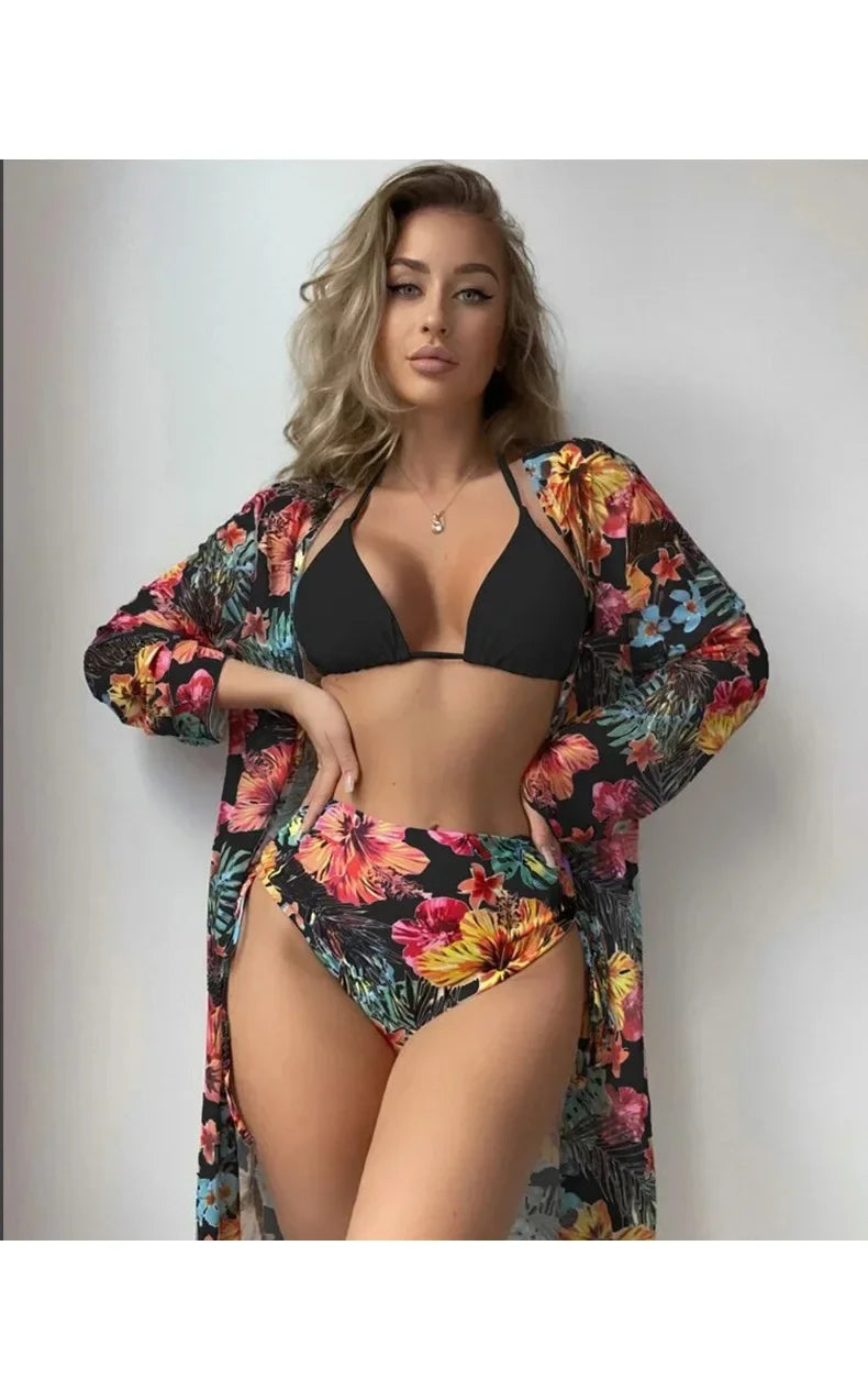 Tropical Floral Print 3-Piece High Waist Bikini and Kimono Set Aesthetic