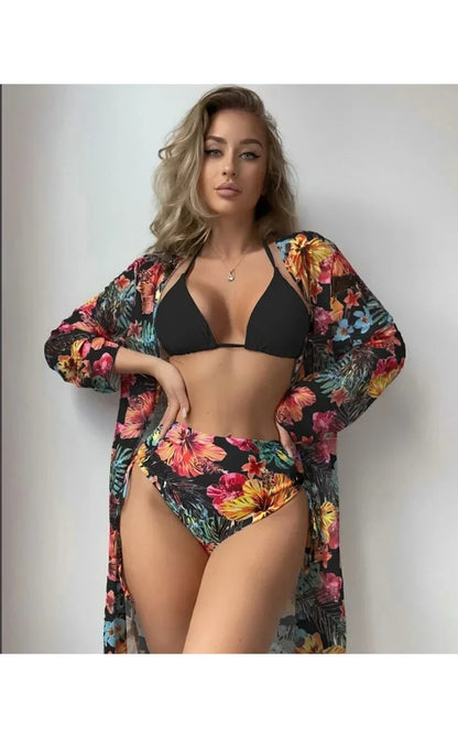 Tropical Floral Print 3-Piece High Waist Bikini and Kimono Set Aesthetic