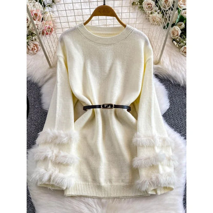 Women Chic Fluffy Fur Sleeve Sweaters