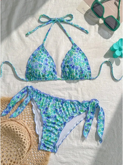 2025 Summer Pleated Bikini Set For Women Two Piece Triangle Swimsuit Halter Bathing Suit