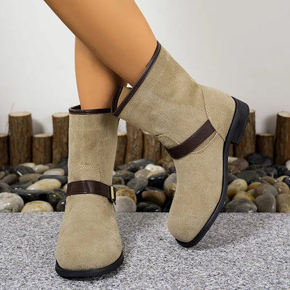 Designer British Style Square Low Heel Faux Suede Boots For Women