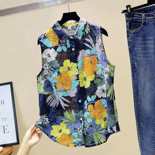 Flower Floral Printing Polo-Neck Blouse