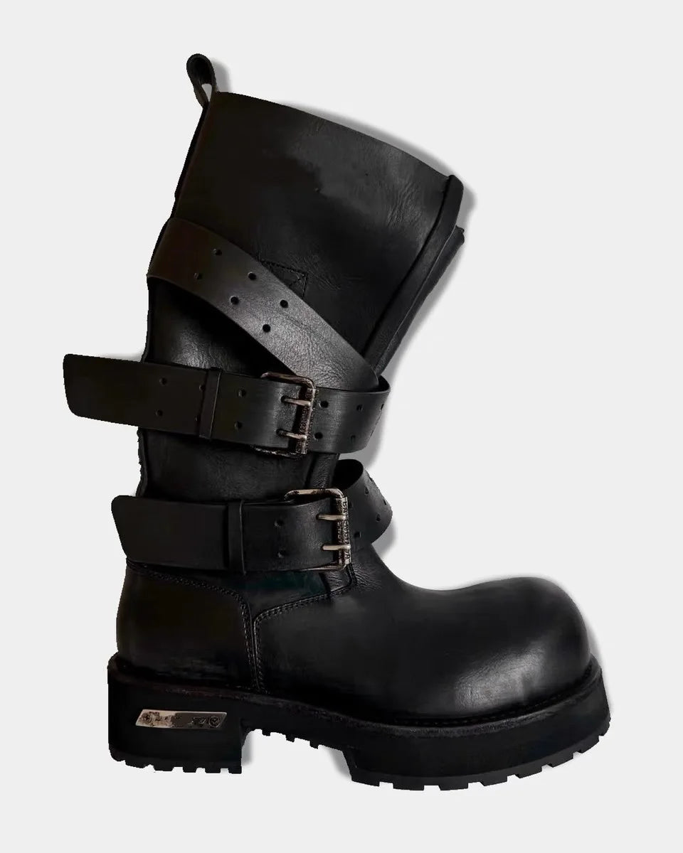 Womens Knee High Buckle Strap Boots Retro Pu Leather Rivet Thick Heel Motorcycle Boots