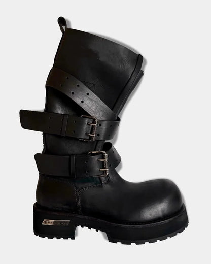 Womens Knee High Buckle Strap Boots Retro Pu Leather Rivet Thick Heel Motorcycle Boots