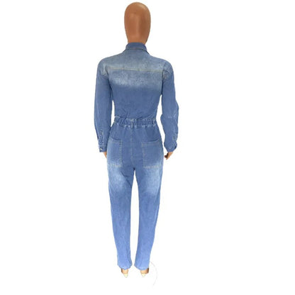 Double-Pocket Half-Open Denim Jumpsuit: Chest Splicing Slim Fit