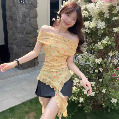 Big Flower Ruffle Design Chic Asymmetric Tops
