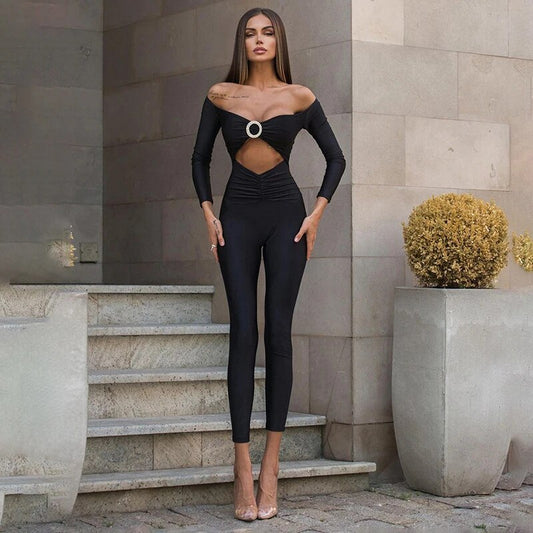 Off-Shoulder Skinny Jumpsuit: Sexy Hollow-Fold Design Long Sleeve