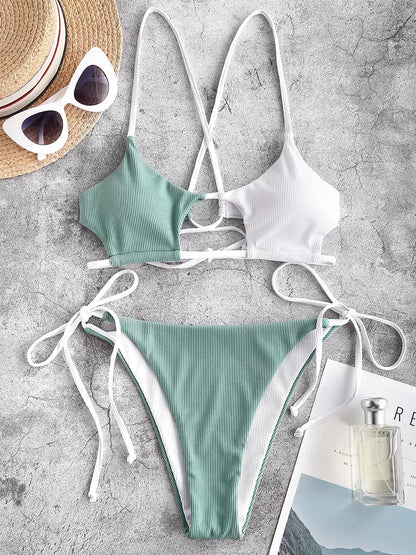 Elegant Black Lace-Up Ribbon Detail Bikini Aesthetic