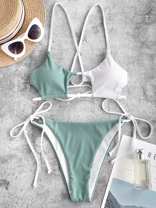 Elegant Black Lace-Up Ribbon Detail Bikini Aesthetic