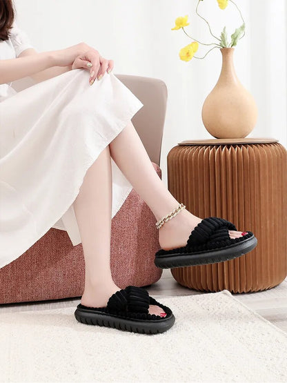 Open-Toe Cross Band Linen Soled Indoor Slippers For Winter