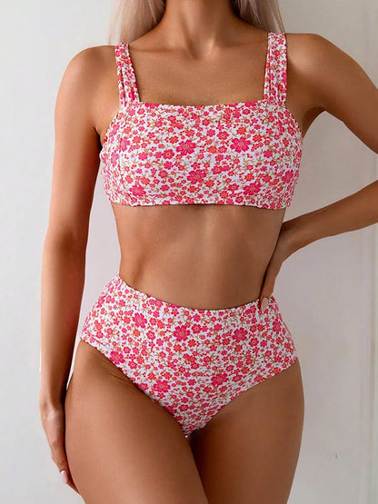 Pink Ditsy Floral Print High Waist Square Neck Bikini Aesthetic