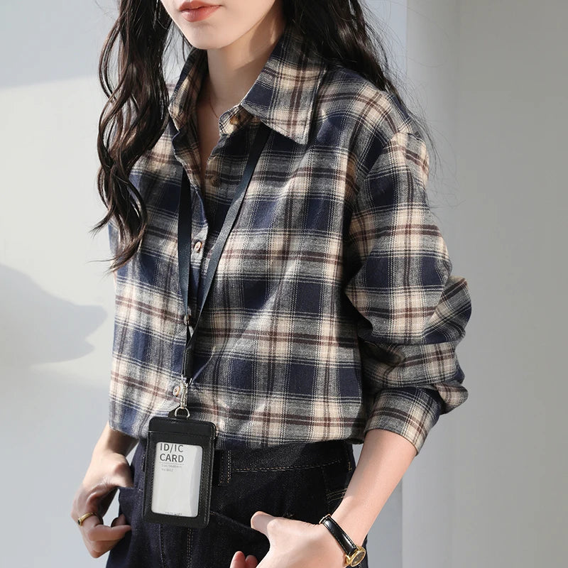 Chic Korean Plaid Blouse Sweet Autumn Casual Style