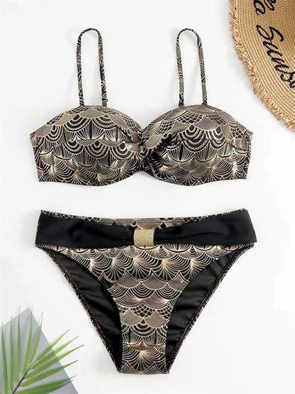 Luxury Resort Gold Wave Pattern Bikini Set for Vacation Mood